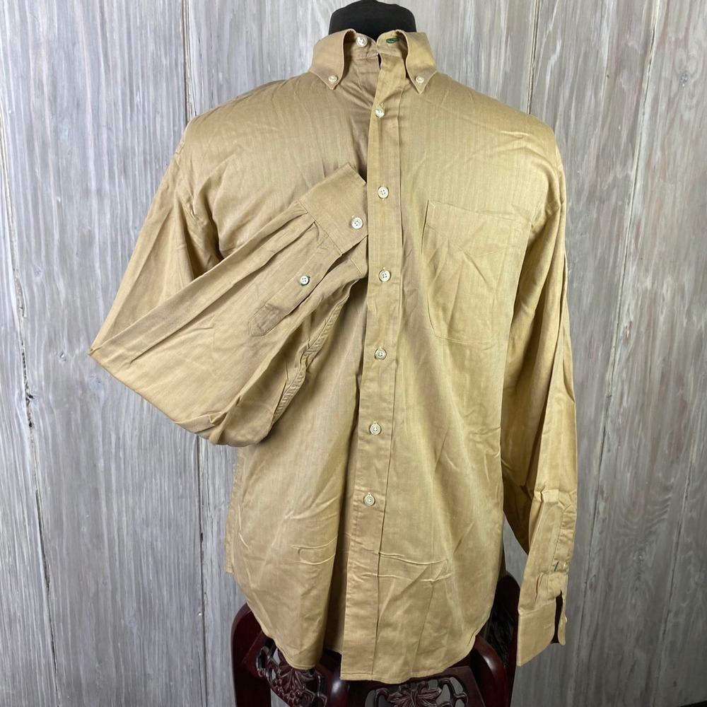 VTG Tommy Hilfiger Mens Tan Herringbone Button Down Dress Shirt 16 1/2 36‎ 37